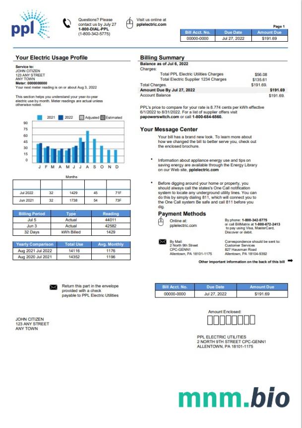 USA Pennsylvania PPL Electric rachunek za media szablon w formacie Word i PDF